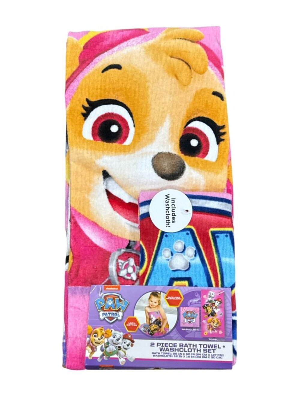 Nickelodeon Paw Patrol 2-Piece Bath Towel & Washcloth Set 100% Cotton Pink & Mul
